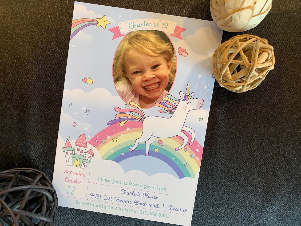 Kid's Rainbow Unicorn Themed Birthday Party Invitation